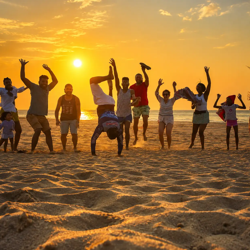 Friends and local kids jumping and cartwheeling on the beach at golden hour
